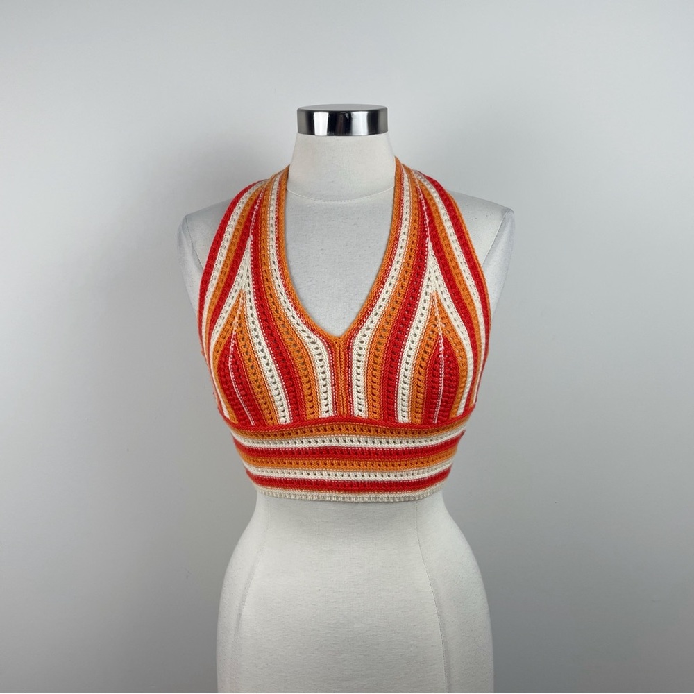 Red Orange White Crochet Knit Crop Top Women Small Retro Hippie Boho